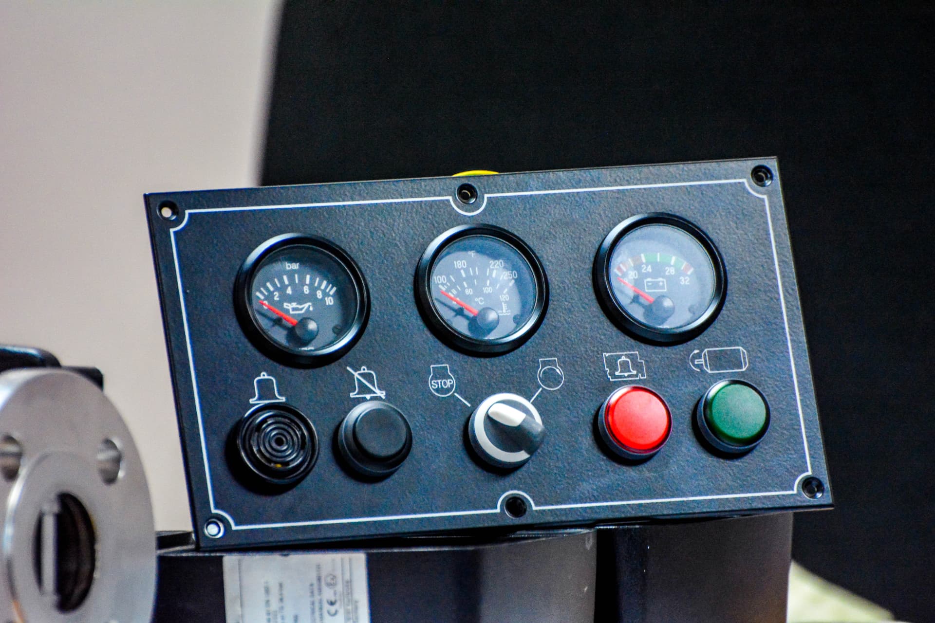 Engine control panel with gauges, alarm and start buttons