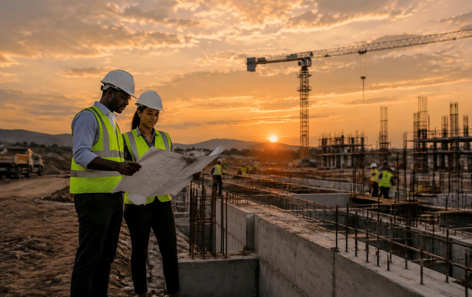 Illustrative image: engineers reviewing drawings on a construction site