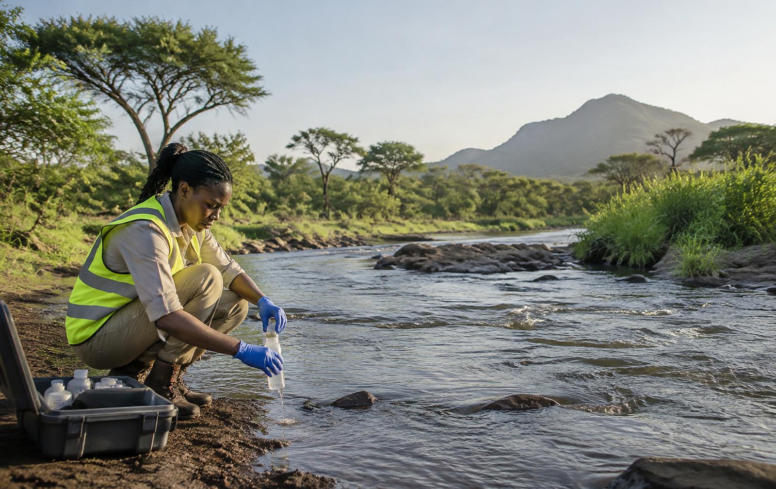 Illustrative image: environmental officer sampling river water